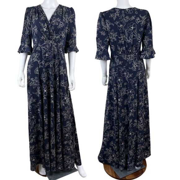 Gal Meets Glam Women Size 8 Irene Blue Floral Maxi NEW Dress Flutter 3/4 Sleeve - Picture 1 of 15
